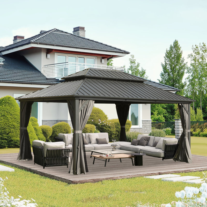 Galvanized Steel Patio Gazebo with Overhang Slope-design Double Roof, 14 ft x 12 ft, Brown