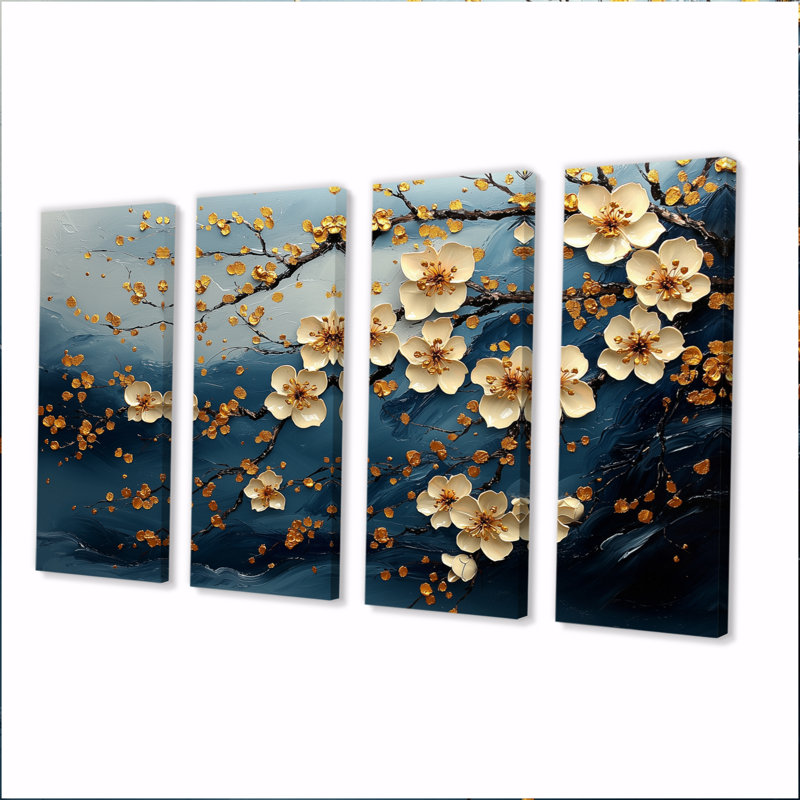 «Blue Cherry Blossom Branches On Mountain II», ensemble d'art sur toile Cherry Blossom, H 28 po x l 48 po