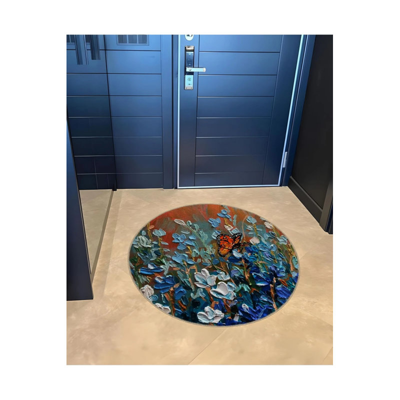 Decorative Carpet With Oil Painting Appearance, Flower And Butterfly Details, Round 3'4"