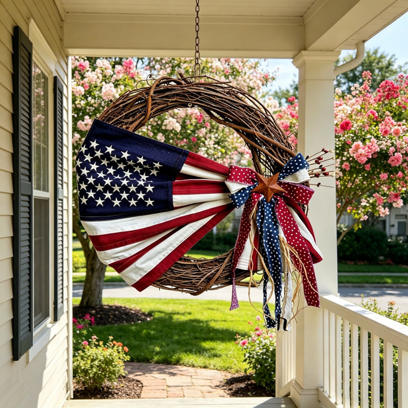Couronne de la fête de l’Independance avec vignes, porte d'entrée artificielle, drapeau américain, couronne pour la maison du 4 juillet, jardin extérieur