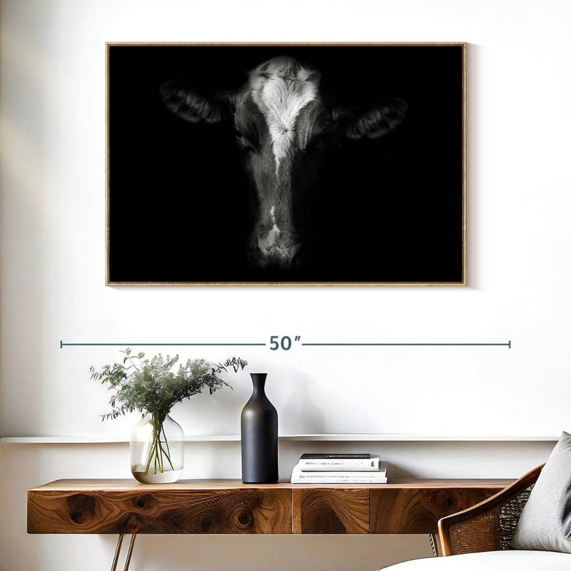 Monochrome Cow Face, 40" X 27", Floating Frame Natural Wood