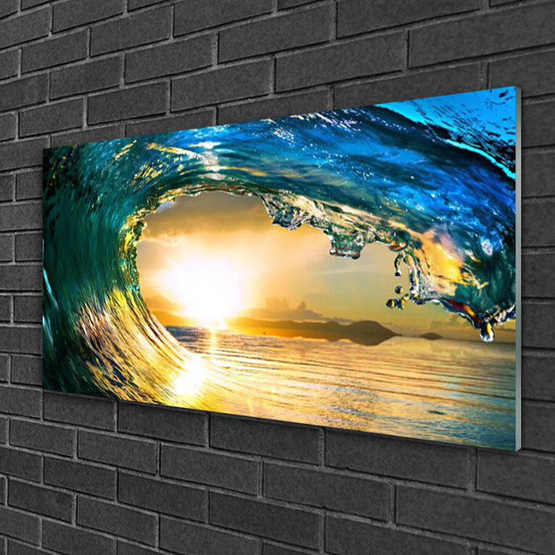 Glass Print Wall Art 100X50cm Image Printed On Glass Decorative Wall Picture Behind Toughened / Tempered Safety Real Glass For Kitchen & Living Room Theme: Wave Sea Sunset Nature