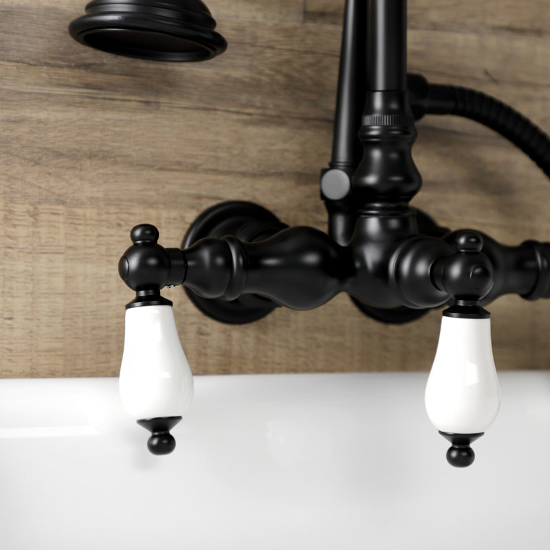 Kingston Brass Aqua Vintage Three-Handle 2-Hole Tub Wall Mount Clawfoot Tub Faucet with Hand Shower, Matte Black
