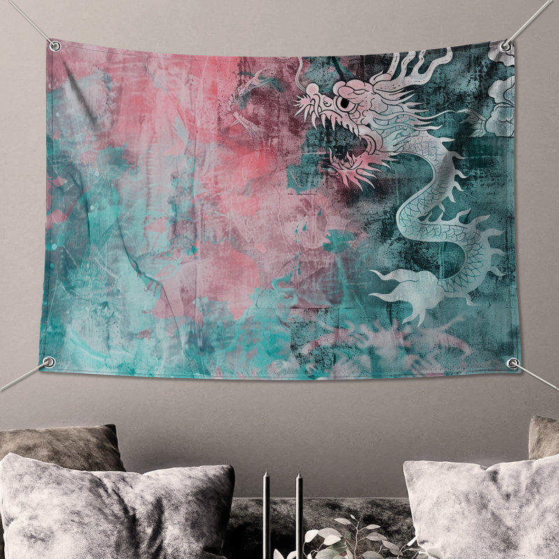 Tapisserie murale Dragon - Décoration murale Mythique, H 68 po x l 80 po avec 4 œillets