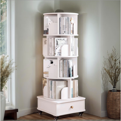Bibliothèque rotative avec tiroir, bibliothèque d'angle à 5 niveaux à 360 degrés pour les petits espaces, étagère de rangement sur pied au sol, étagère en bois étroite pour la chambre à coucher et le salon