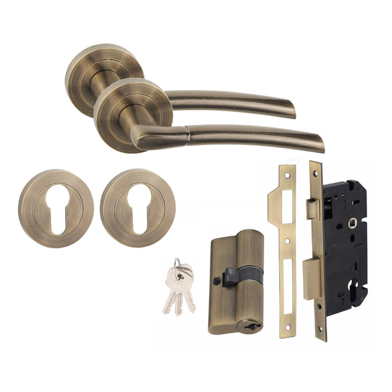  Indiana Design Door Handle Set in Antique Brass - Euro 70mm Lock