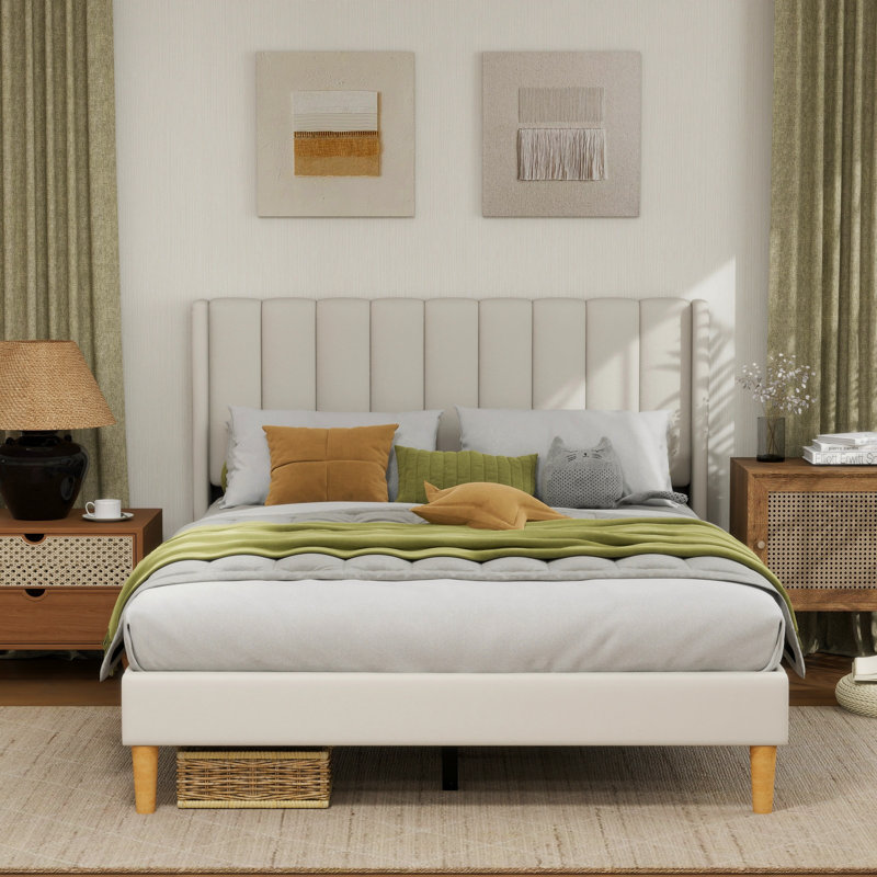 Sutter Upholstered Wingback Bed, Full / Double, Beige