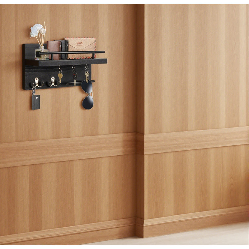Porte-clés mural avec tablette de rangement pour courrier, porte-clés en bois rustique avec 5 crochets pour clés, parapluies et accessoires