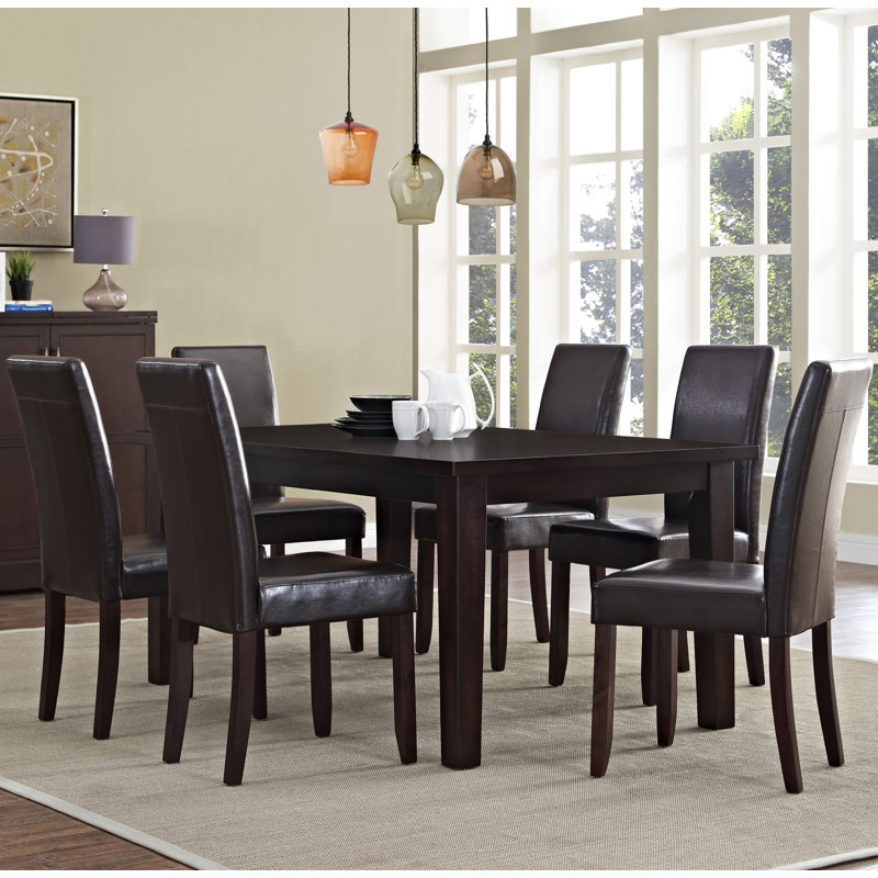 Acadian 7-Piece Dining Set with Solid Hardwood Table and 6 High-Back Upholstered Chairs, Tanners Brown Faux Leather