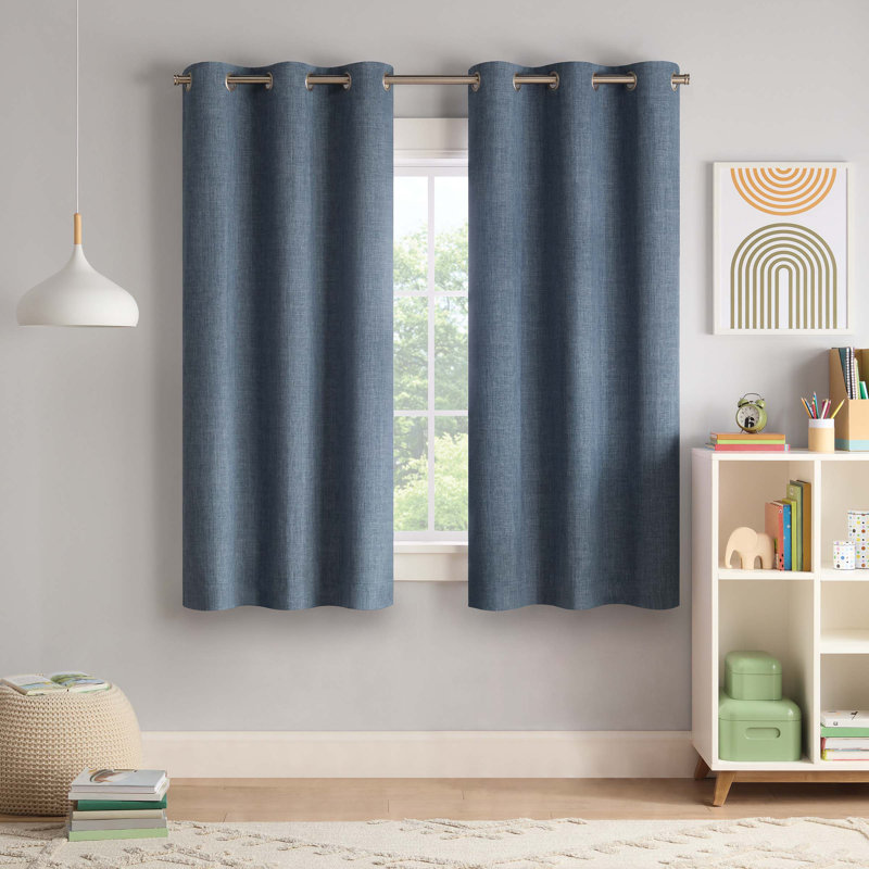 Eclipse Kids Chambray Solid 100% Blackout Grommet 84" long x 40" wide Curtain panel in Grey, 40" W x 84" H, Navy