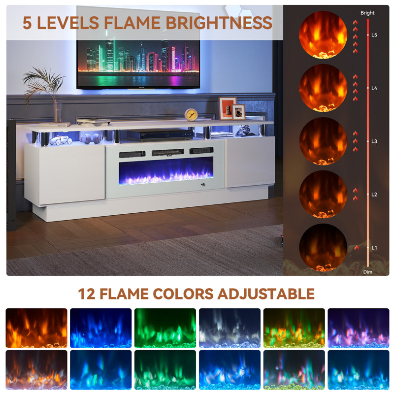 Kazimieras TV Stand with Electric Fireplace, 2-Tier Modern Media Console, White