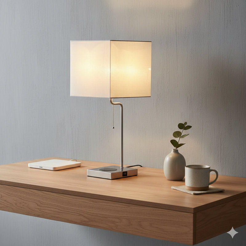 21.5-Inch Square Table Lamp With An Integrated Charging Station
