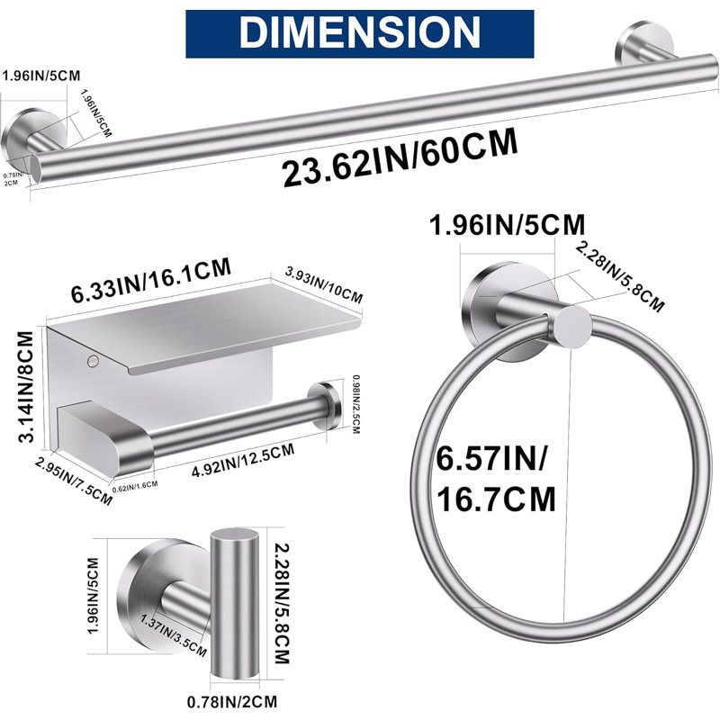 5 Pieces Bathroom Hardware Accessories Set  Brushed Nickel, 24Inch Round Towel Racks Set for Bathroom, SUS304 Stainless Steel Towel Bar Set,Toilet Paper Holder with Shelf Wall Mounted