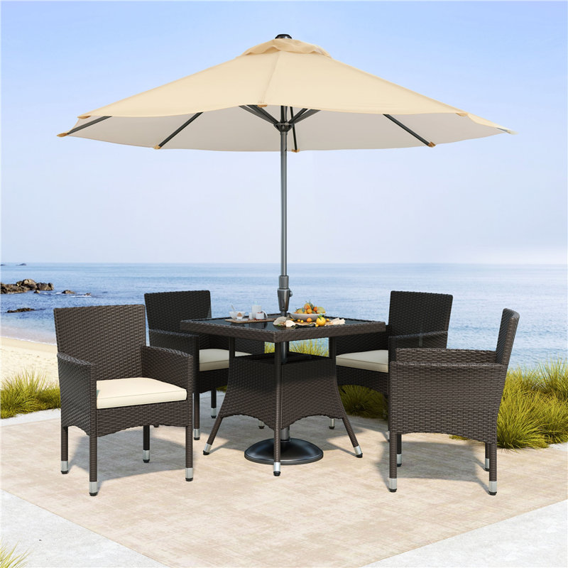 Ensemble de salle à manger en rotin PEHD pour 4 personnes avec trou pour parasol