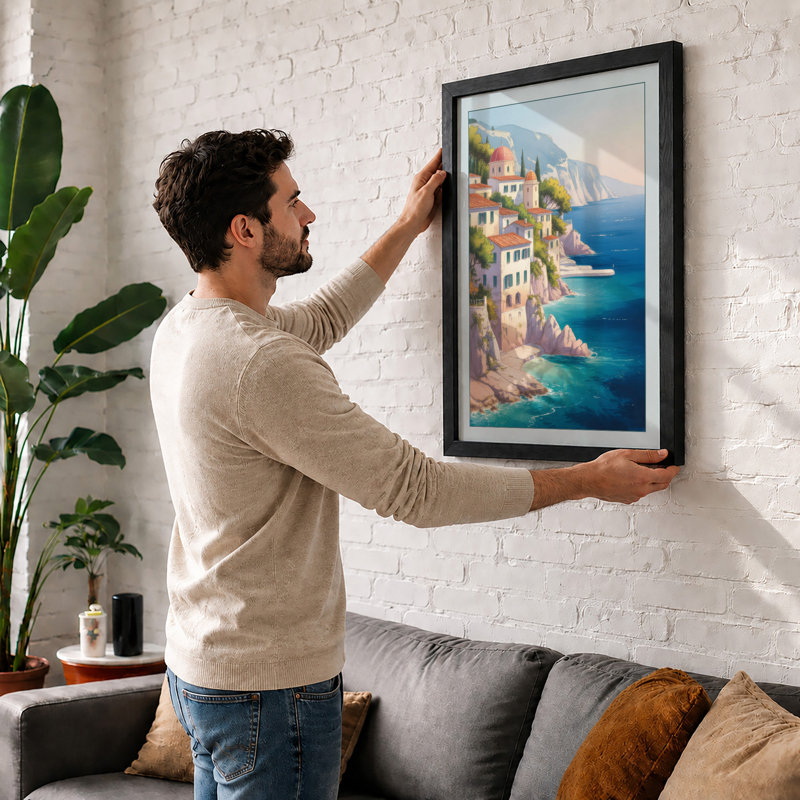 Clifftop Mediterranean Village Coastal - Print, A4 - 29.7 x 21.0 cm, White