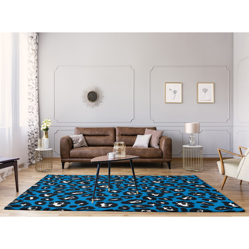 Imprimé animalier bleu/noir/Tapis décoratif blanc, Rectangle 9 pi x 12 pi