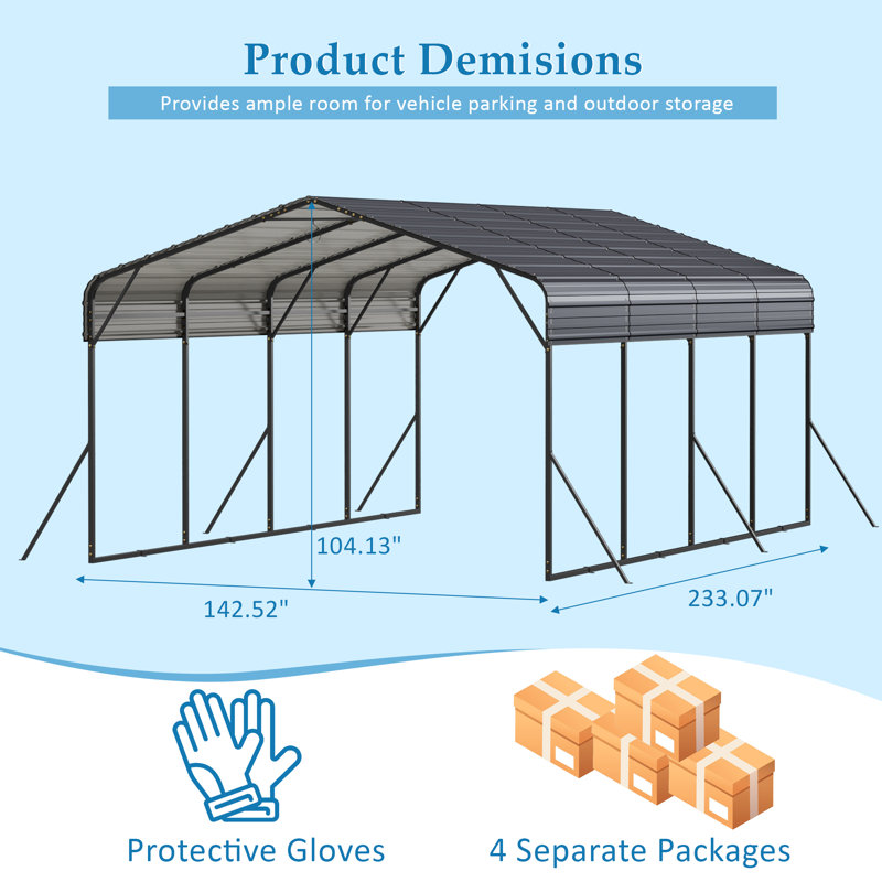 12' X 20' Metal Carport With Galvanized Steel Roof And Reinforced Base For Cars, Boats & Trucks