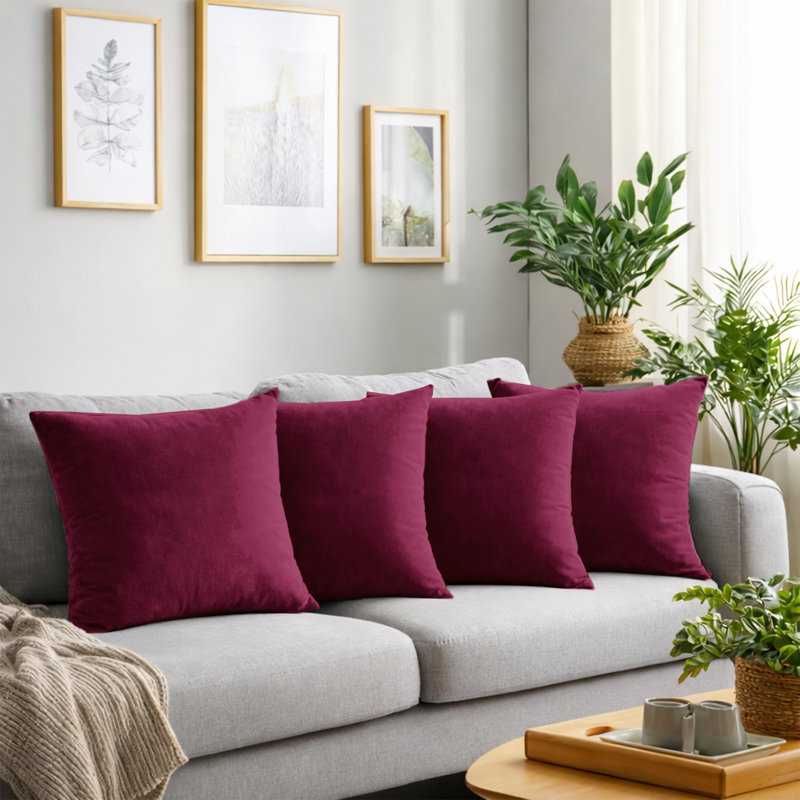 Crushed Velvet Cushion Cover Set (Set of 4), Burgundy