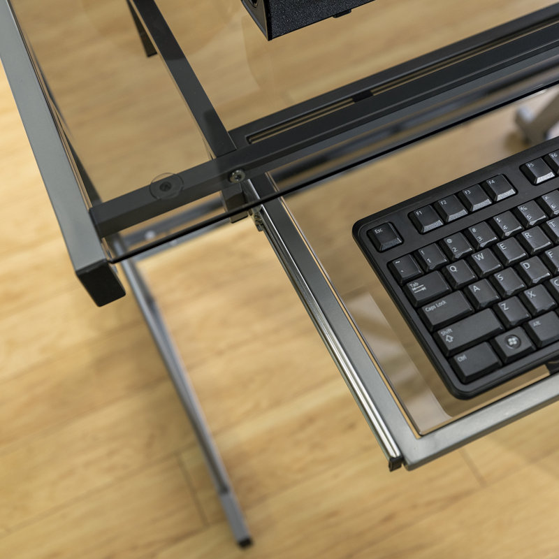 L-Shaped Glass Top Metal Base Computer Desk, Smoke/Silver