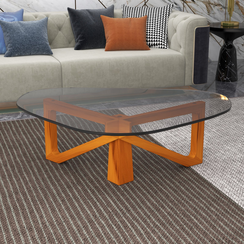Issie Triangular Coffee Table – Tempered Glass Top with Stained Rubberwood Cross Base, Modern Living Room Accent Table with Anti-Slip Pads Centerpiece