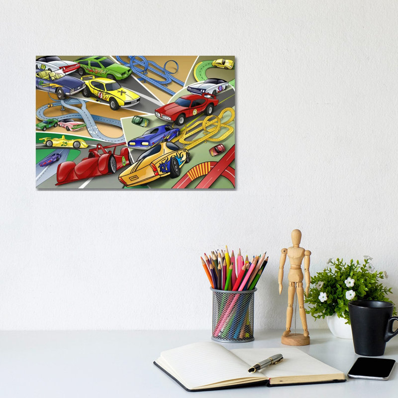 Cartoon Racing Cars - Print on Canvas, 152.5 cm H x 101.5 cm W, White Floater Framed