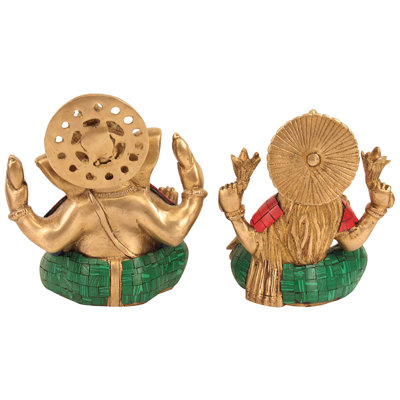 Ensemble de statues en laiton Ganesha et Lakshmi avec incrustation de pierre, figurine de divinité de table de 7 po pour la maison d'autel et la salle de méditation