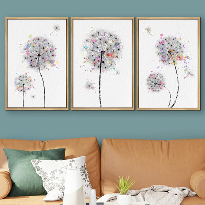 Idea4wall, reproduction d'art sur toile encadrée, pissenlits et aquarelles, motifs floraux dans la nature, art moderne, rustique, gros plan, multicolore, ultra pour le salon, la chambre à coucher, le bureau, reproduction sur toile, 3 pièces
