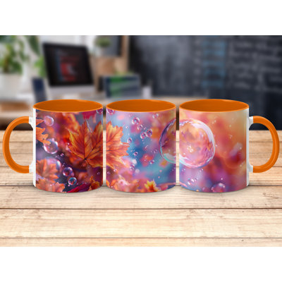 Set of 4 3D Design 11oz Accent Mugs – Ceramic Coffee Cups with an Orange Handle and Interior