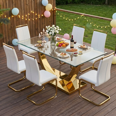 Joniya Modern 63" Rectangular Tempered Glass Dining Set Metal U Base Table with Faux Leather Cantilever Chairs