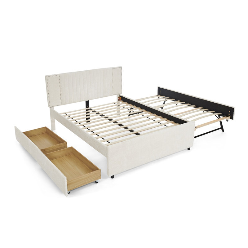 Conception multifonctionnelle avec 2 tiroirs de rangement et un lit gigogne coulissant, Beige, Queen