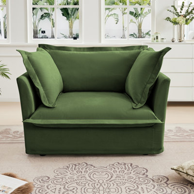 Slip-covered Armchair With 1 Big Back Cushion And 2 Big Toss Pillows, Single Deep Seat Comfy Single Couch Sofa Multiple Large Soft Pillows, Corduroy Fabric 