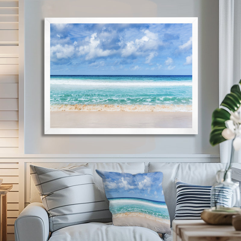 « Tranquil Beach Under White Clouds » - Impression, Impression encadrée, H 24 po x l 32 po, Blanc
