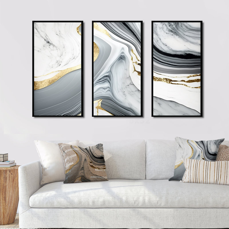«Abstract Geode Marble Waves Grey II», reproduction sur toile 3 pièces, Cadre flottant noir, H 28 po x l 36 po x P 1 po