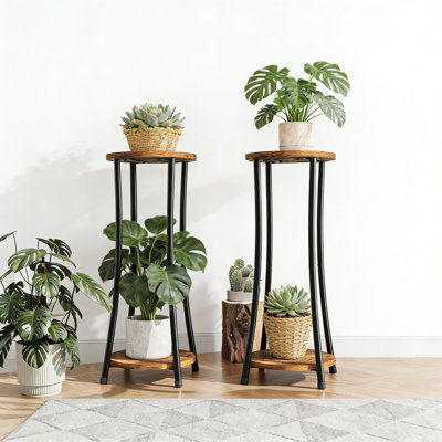 2 Pack 2 Tier Round Plant Stand Indoor Outdoor Corner Rustic