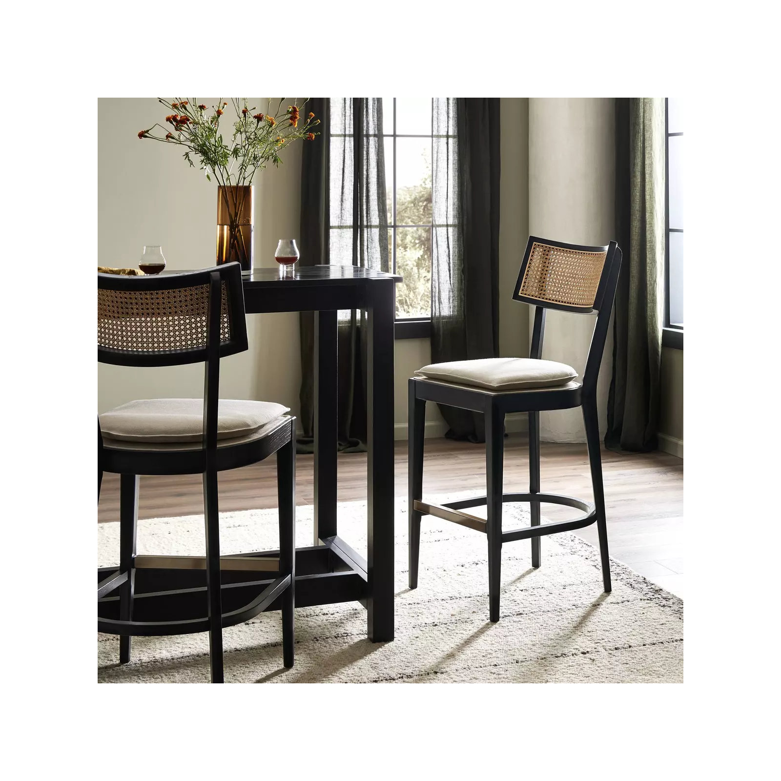 Britt Cane Stool, Cream, Counter Stool (26" Seat Height), Black