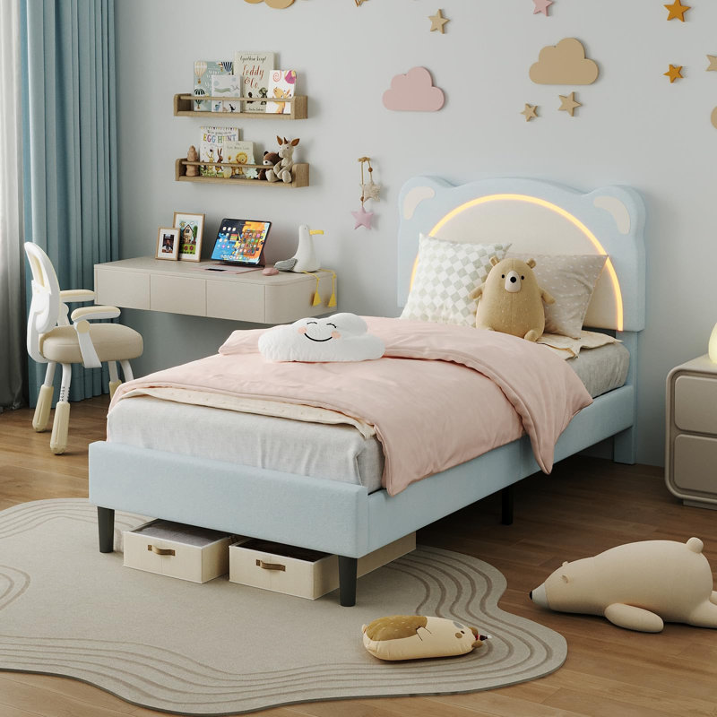 Twin XL Kids Bed Frame with Adjustable Headboard & LED Lights, Wooden Slats Support, No Box Spring Needed, Blue, Twin XL
