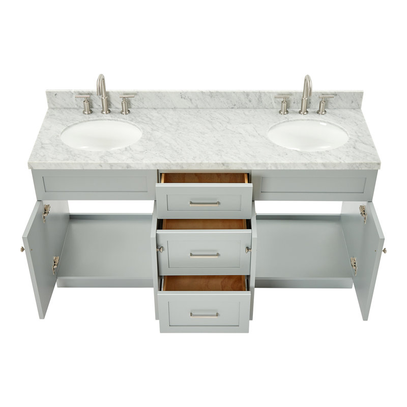 Meuble-lavabo double autoportant 67 po avec plateau en marbre de Carrare Abell, Oval, Gris