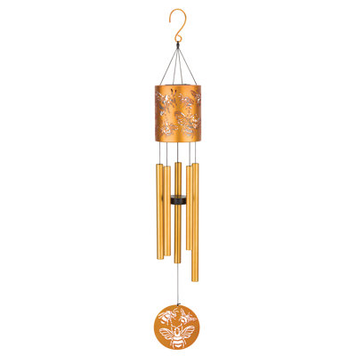 38" Garden Solar Bird Metal and Acrylic Outdoor Wind Chime with Integrated LED Light and Hanging Hook - Bee