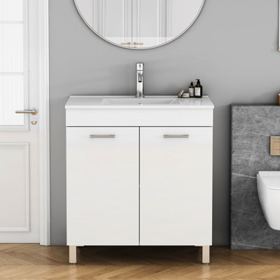 Meuble-lavabo de plancher de 32 pouces avec portes doubles, poignée en métal et pieds argentés, blanc brillant pour un lavabo en céramique bien construit, chaud