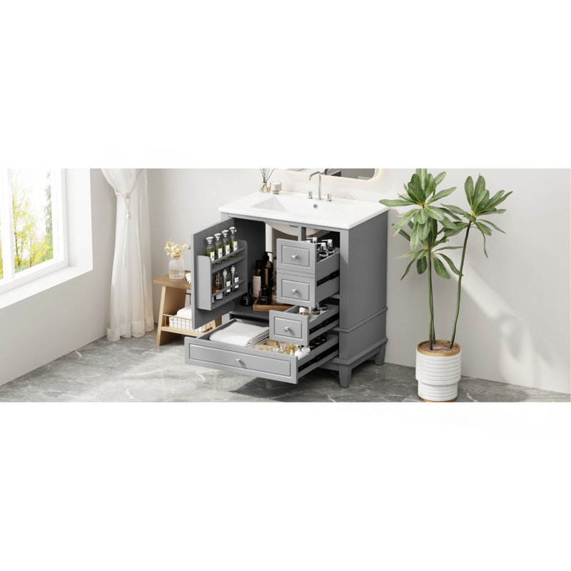 Meuble-lavabo 30 po avec lavabo, une porte avec tablette et trois tiroirs, porte à fermeture en douceur, Gray/Silver