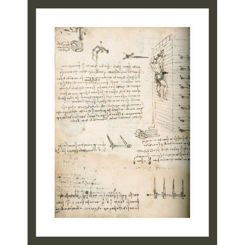 Cahier, dessin de grappins par Leonardo Da Vinci - impression giclée encadrée, H 29,5 po x l 22,8 po