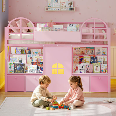 Lit mezzanine bas pour enfant (1 place) avec 2 tablettes et 4 tiroirs de rangement, en métal, avec barrières de sécurité cintrées de 48 cm, éclairage intégré et rangement de chevet, espace de jeu sous le lit, rose