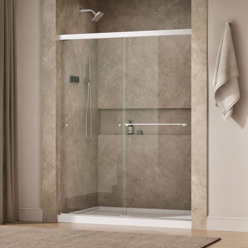 Revel 59.63'' x 76'' Double Sliding Shower Door with CleanCoat Technology, Bright Polished Silver, Crystal Clear