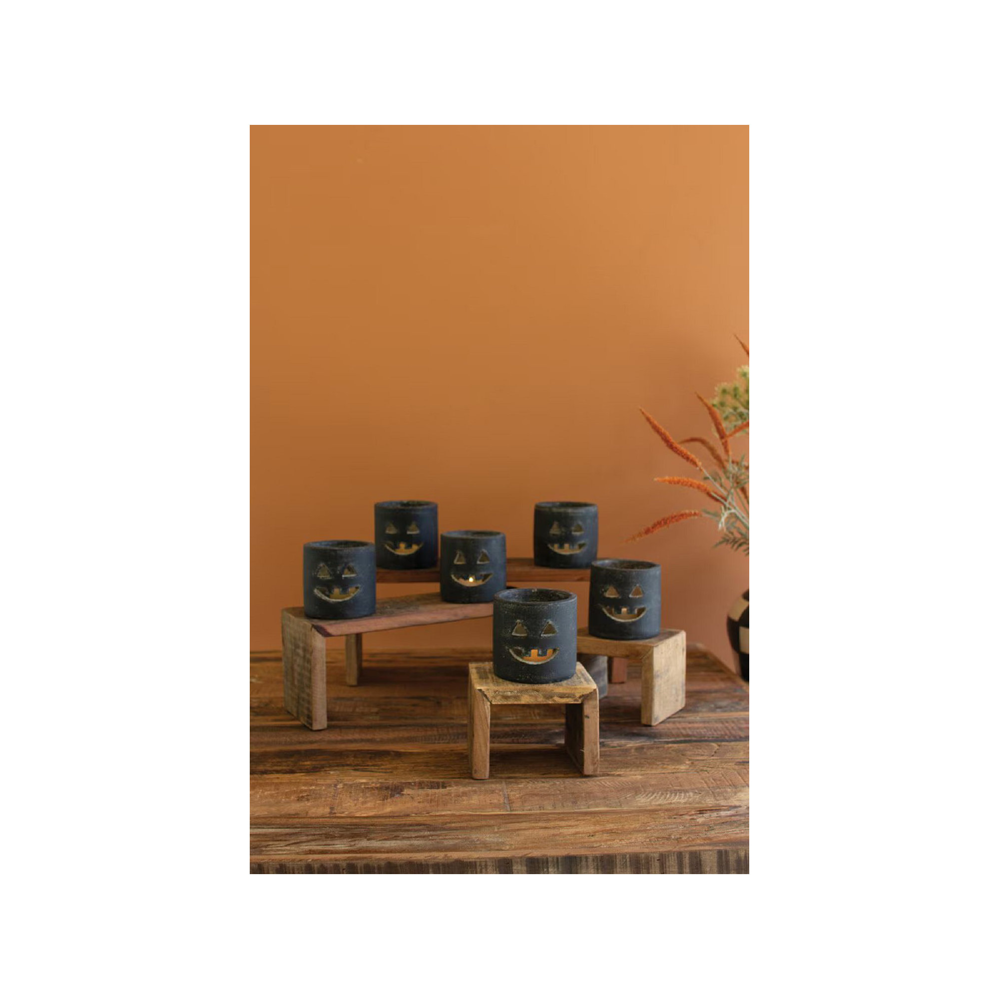 SHORT BLACK CLAY JACK-O-LANTERN, 4" H x 4" W x 4" D