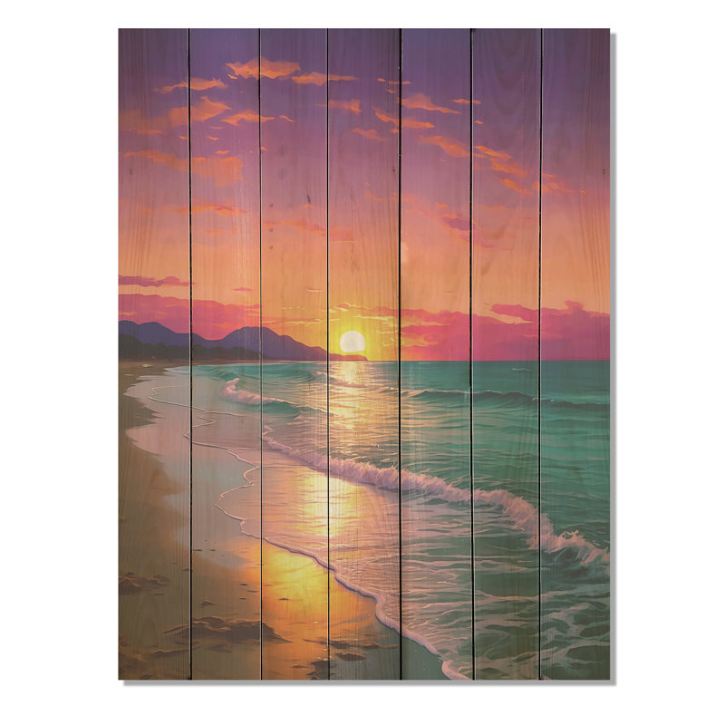 Coucher de soleil harmonie côtière sérénité II - sable de la plage côtière sur bois, H 32 po x l 24 po