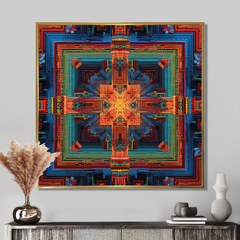 Mandala bouddhiste géométrique Vajrayana, Cadre flottant doré, H 16 po x l 16 po x P 1 po
