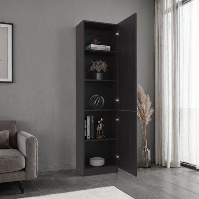 Grande bibliothèque autoportante Home avec portes doubles et 5 tablettes de rangement intérieures, armoire de rangement verticale pour le salon, le bureau ou la chambre à coucher