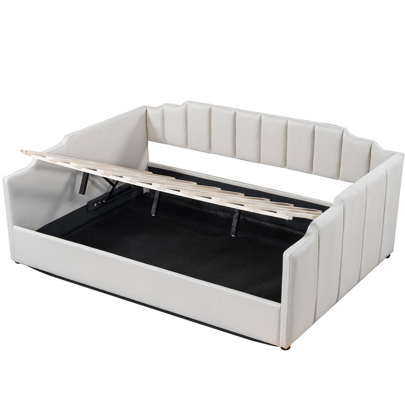 Lit de jour rembourré avec rangement inférieur, Beige