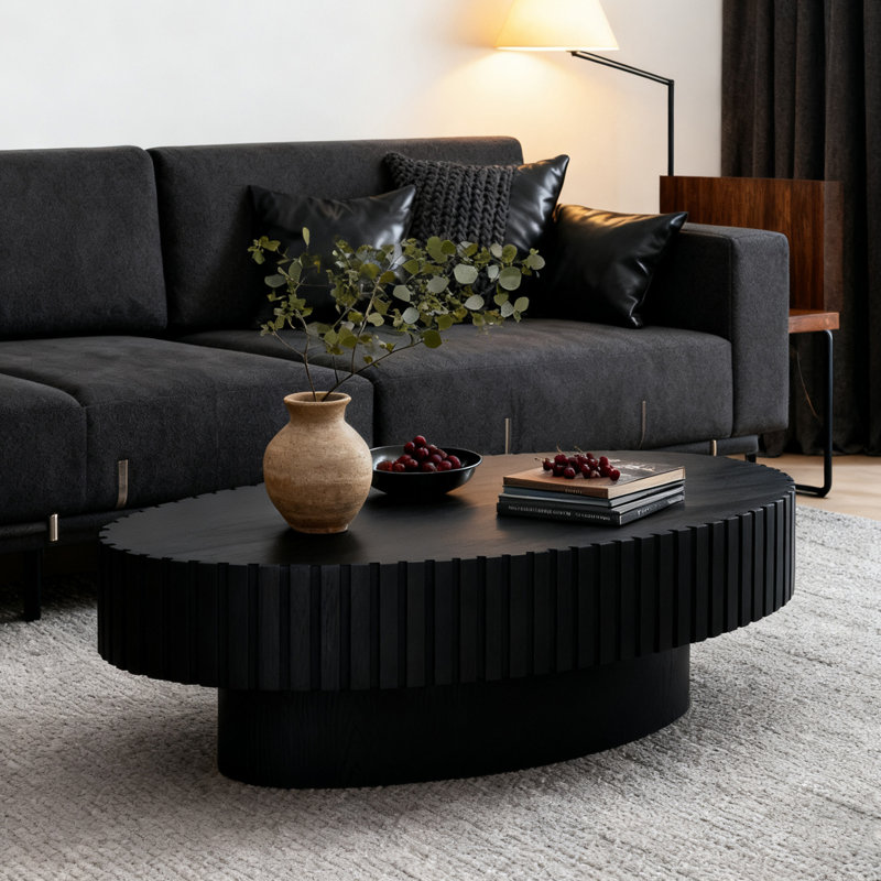 43.5'' Modern Oval Wooden Olive-shaped Coffee Table With Solid Wood Fluted Design For Living Room, Black