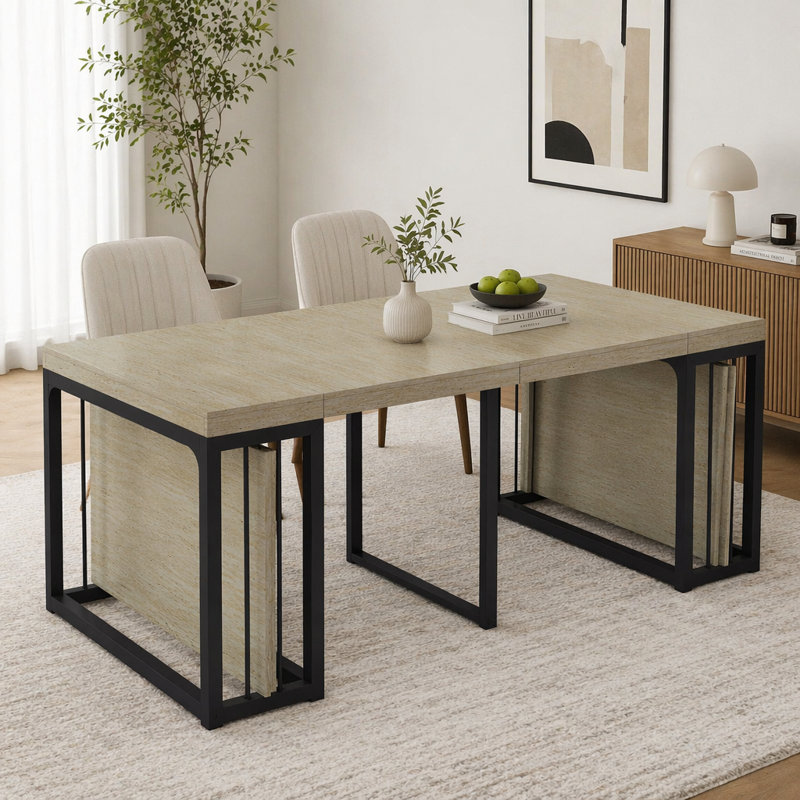 Table de salle à manger extensible de 23,62 po à 118 po de longueur et extensible, Blanc antique / noir